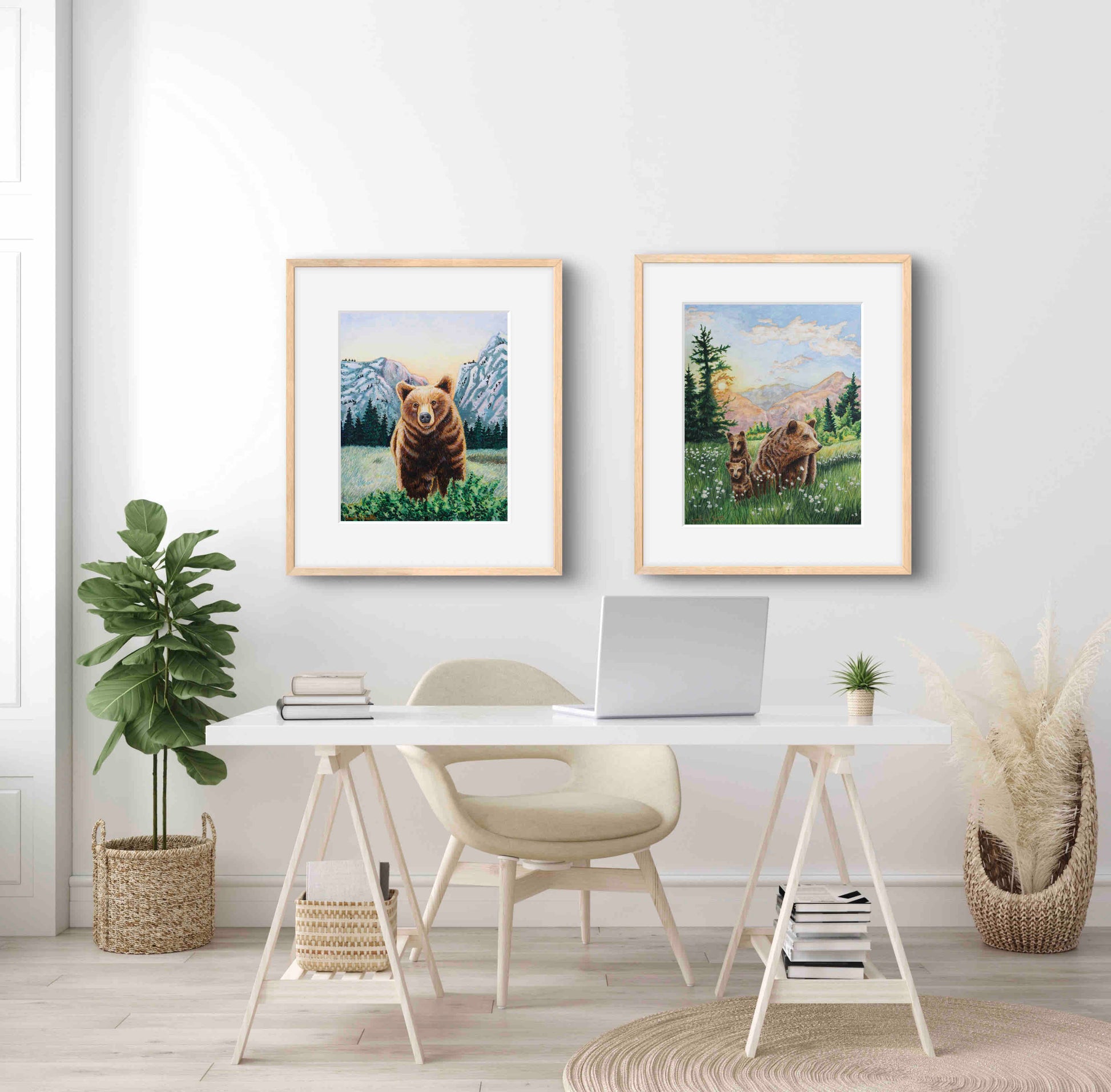 Grizzly Bear Animal Watercolor Meadow "Mountain Echoes" Wall Art Prints By Sarah Webster Smith
