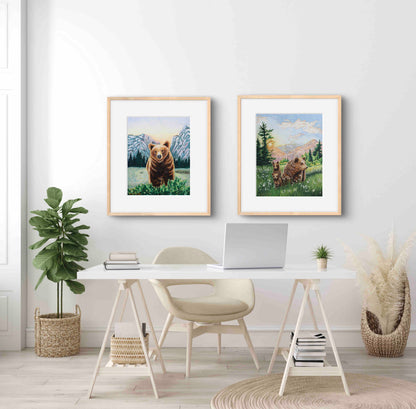 Grizzly Bear Animal Watercolor Meadow "Mountain Echoes" Wall Art Prints By Sarah Webster Smith