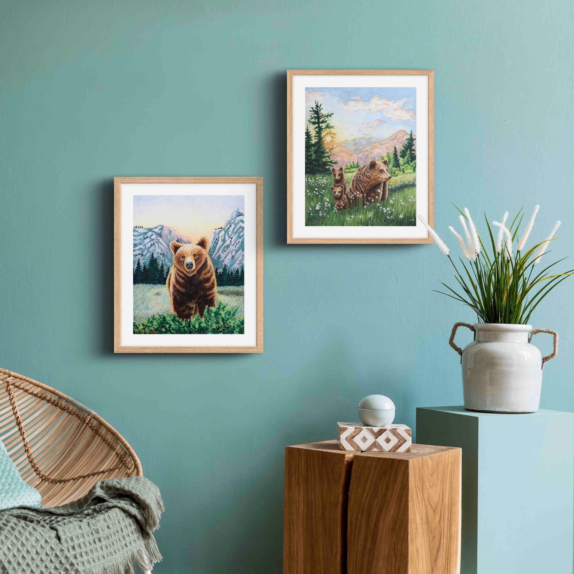 Grizzly Bear Animal Watercolor Meadow "Mountain Echoes" Wall Art Prints By Sarah Webster Smith