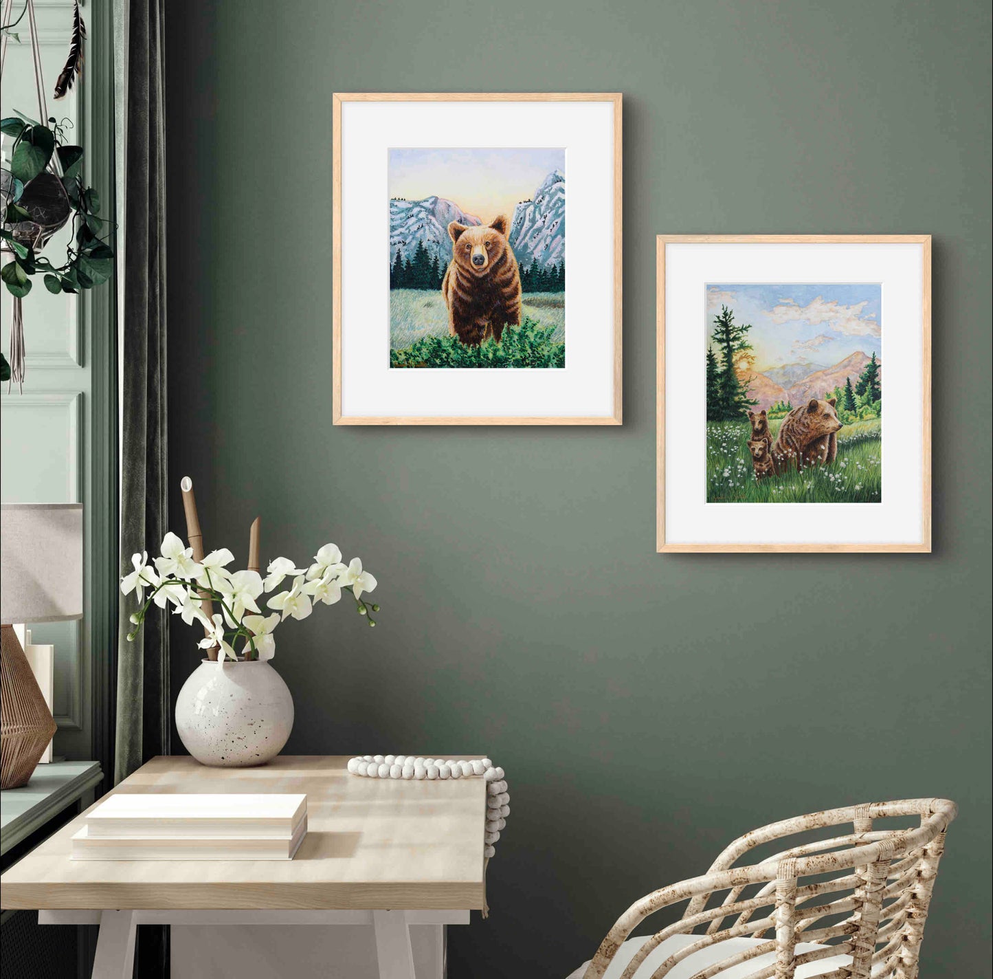 Grizzly Bear Animal Watercolor Meadow "Mountain Echoes" Wall Art Prints By Sarah Webster Smith