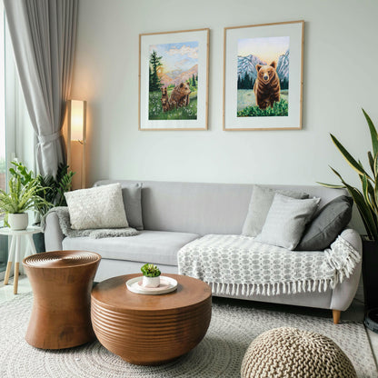 Grizzly Bear Animal Watercolor Meadow "Mountain Echoes" Wall Art Prints By Sarah Webster Smith