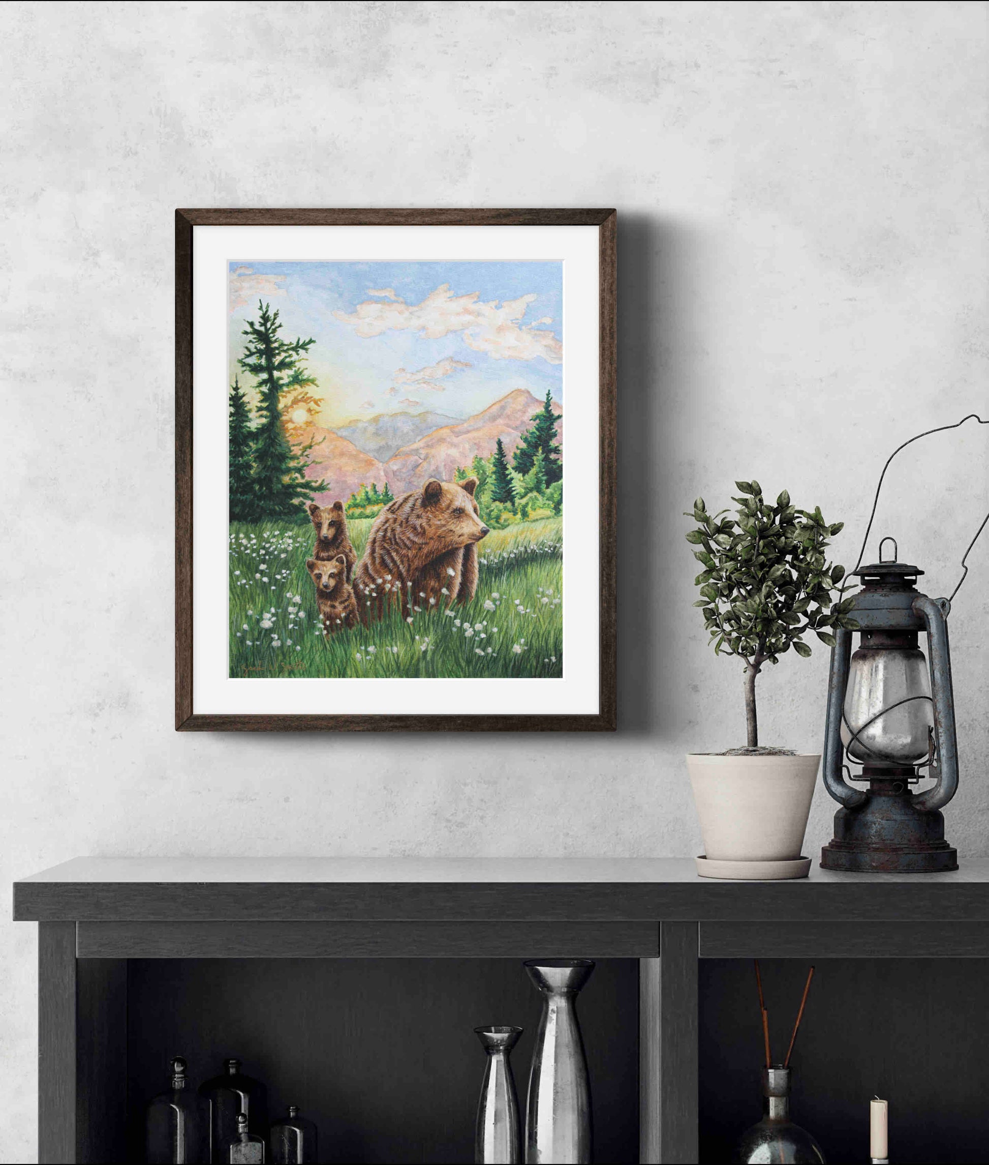 Grizzly Bear Animal Watercolor Meadow "Mountain Echoes" Wall Art Prints By Sarah Webster Smith