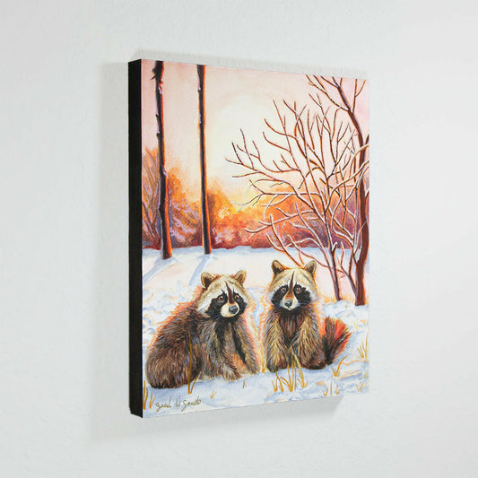 Raccoon Forest Sunrise Watercolor Painting Wall Art Decor "Sprightly Bandits" Art Prints by Sarah Webster Smith