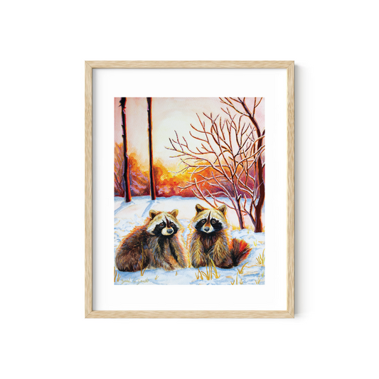 Raccoon Forest Sunrise Watercolor Painting Wall Art Decor "Sprightly Bandits" Art Prints by Sarah Webster Smith